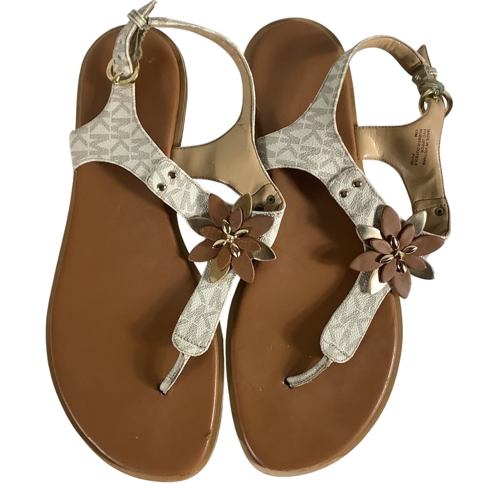 Michael Kors Plate Flower Thong‎ Sandals Vanilla Logo Tan Flat Womens 11M PV18K